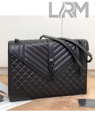 Saint Laurent Envelope Large Flap Shoulder Bag in Matelasse Grainy Leather 487198 All Black 2019