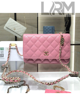 Chanel Grained Calfskin Wallet on Bag Charm Chain WOC AP2400 Pink 2021