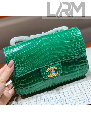 Chanel Crocodile Leather Small Classic Flap Bag A1116 Bright Green 2020（Gold Hardware）
