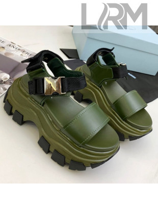 Prada Calfskin Platform Sandals with Metal Buckle Green 2021