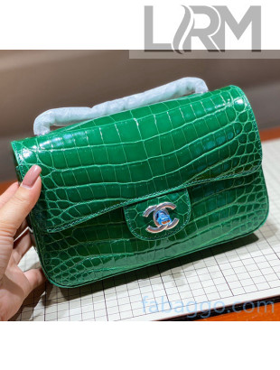 Chanel Crocodile Leather Small Classic Flap Bag A1116 Bright Green 2020（Silver Hardware）