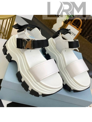 Prada Calfskin Platform Sandals with Metal Buckle White 2021