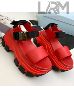 Prada Calfskin Platform Sandals with Metal Buckle Red 2021
