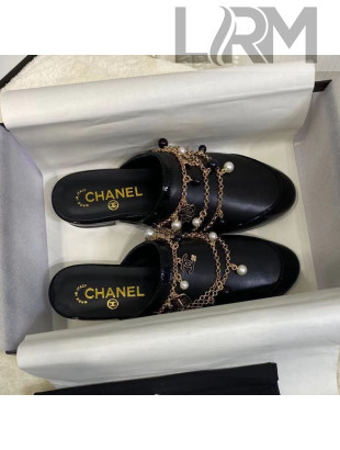Chanel Leather Flat Mules with Chain Black 2021