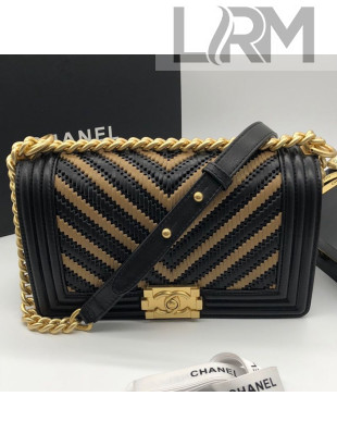 Chanel Metallic Chevron Leather Medium Classic Boy Flap Bag A67085 Black/Gold 2019