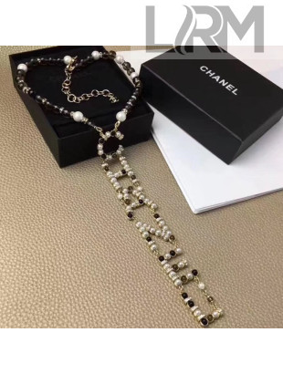Chanel Glass Pearl Y Necklace with CHANEL Logo Pendant AB2500 2019