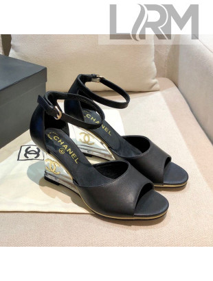Chanel Calfskin Wedge Heel Sandals Black 2021