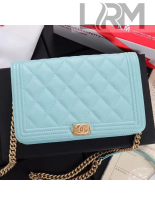 Chanel Grained Leather Boy WOC Chanel Wallet on Chain A81969 Light Blue 2019