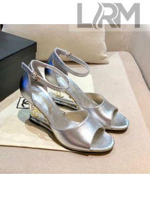 Chanel Calfskin Wedge Heel Sandals Silver 2021