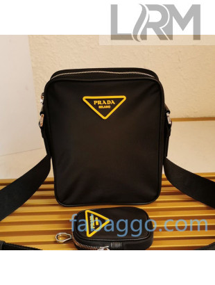Prada Black Nylon and Saffiano Leather Vertical Bag with Strap 2VH112 Yellow Logo 2020
