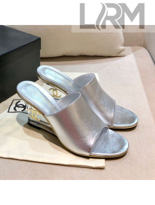 Chanel Calfskin Wedge Slide Sandals Silver 2021