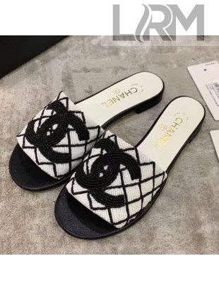 Chanel Pearl Check Embroidered Slide Sandals White/Black 2020
