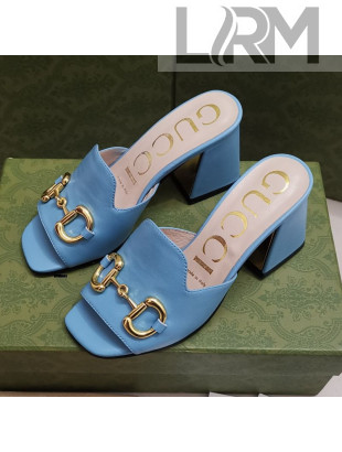 Gucci Leather Slide Sandal with Horsebit 7cm Blue 2021  