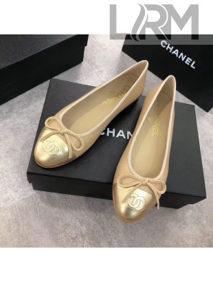 Chanel Nude Lambskin Leather Ballerinas With Gold Toe 2019