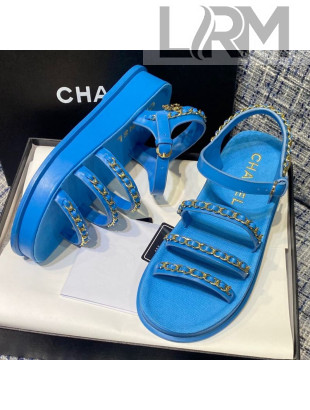 Chanel Calfskin Chain Strap Flat Sandals G37140 Blue 2021