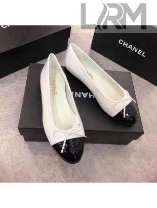 Chanel White Lambskin Leather Ballerinas with Black Paent leather Toe 2019