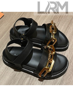 Louis Vuitton Paseo Flat Comfort Calfskin Chain Sandals Black 2021