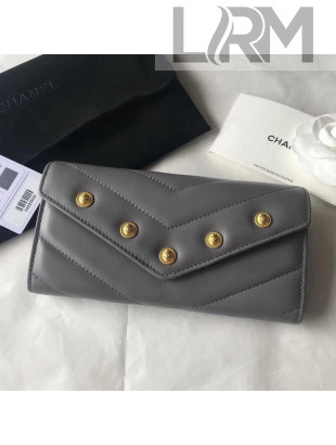 Chanel Studded Chevron Lambskin Flap Wallet Grey 2018