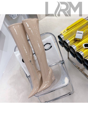 Amina Muaddi Patent Leather Wedge 9.5cm High Boots Beige 2021 