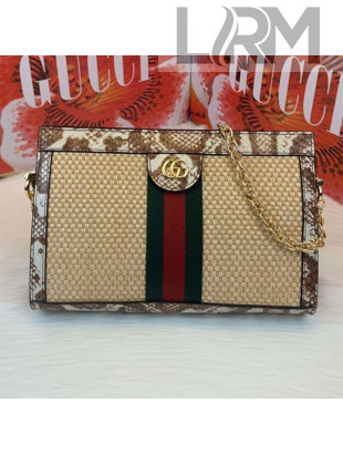 Gucci Ophidia Straw Small Shoulder Bag with Snakeskin Trim 503877 Beige/Brown 2019