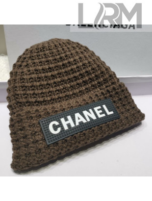 Chanel Knit Hat with Logo Label Charm Brown 2021