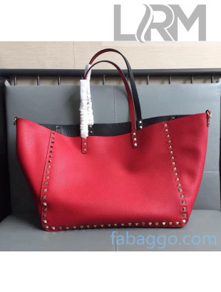 Valentino Grained Calfskin Rockstud Reversible Tote Shopping Bag 0501 Red/Black 2020