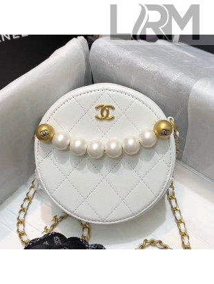 Chanel Quilted Leather Pearl Round Clutch with Chain White 2019
