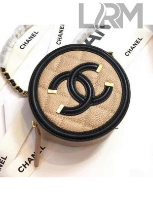 Chanel Grained Calfskin & Gold-tone Metal Round Clutch with Chain A81599 Beige/Black 2018