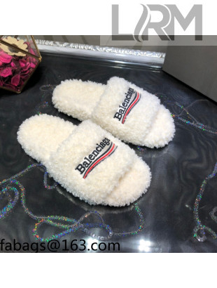 Balenciaga Logo Wool Flat Slide Sandals White 2021