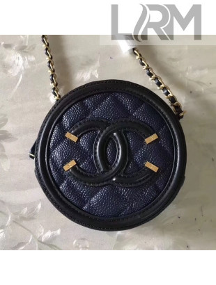 Chanel Grained Calfskin & Gold-tone Metal Round Clutch with Chain A81599 Blue/Black 2018