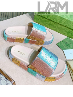 Gucci Striped Sequins Platform Slide Sandal 573018 2021