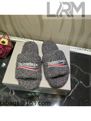 Balenciaga Logo Wool Flat Slide Sandals Grey 2021