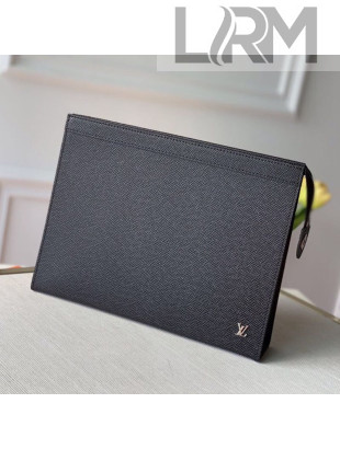 Louis Vuitton Men's Pochette Voyage Grained Leather Pouch with Silver LV Emblem M30450 Black 2020