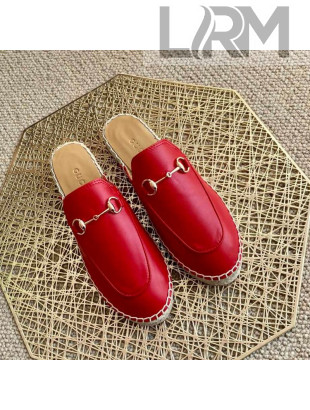 Gucci Jordaan Leather Espadrille Flat Mules Red 2021
