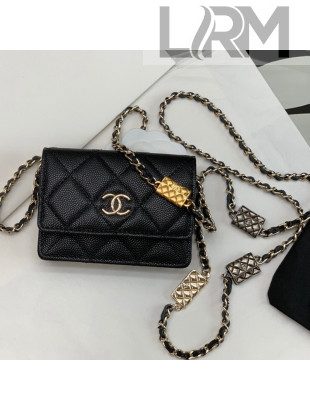 Chanel Grained Calfskin Card Case Wallet on Bag Charm Chain WOC Black 2021