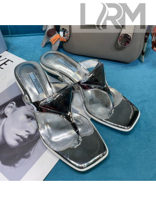 Prada Shiny Leather Heel Thong Sandals 3.5cm Silver 2021