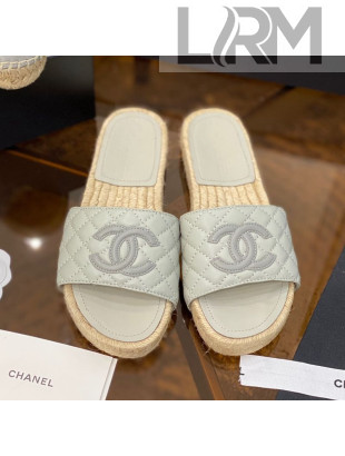 Chanel CC Quilted Lambskin Espadrille Slide Sandals Light Gray 2021 35