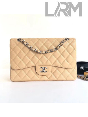 Chanel Caviar Leather Chain Jumbo Classic Flap Bag Apricot (Silver Hardware)