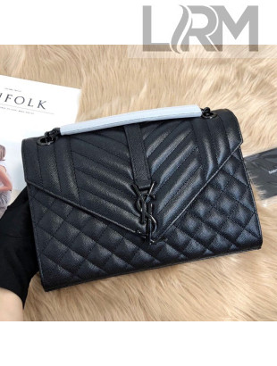 Saint Laurent Envelope Medium Flap Shoulder Bag in Matelasse Grain Leather 487206 All Black 2019