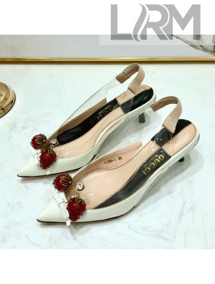 Gucci Patent Leather Strawberry Charm Bamboo Heel Slingback Pumps White 2019