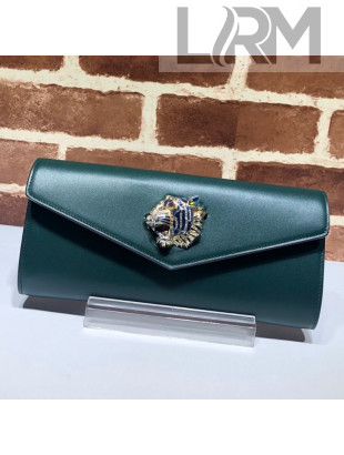 Gucci Broadway Leather Clutch with Tiger 576532 Green 2019