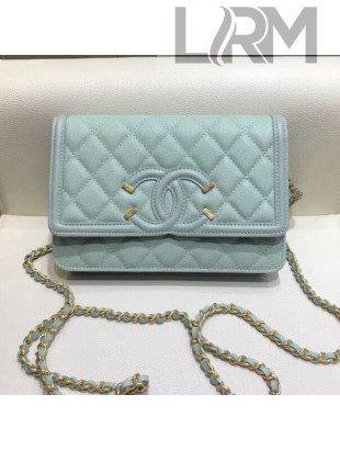 Chanel Grined Calfskin CC Filigree Wallet on Chain WOC Bag A84451 Light Blue 2018