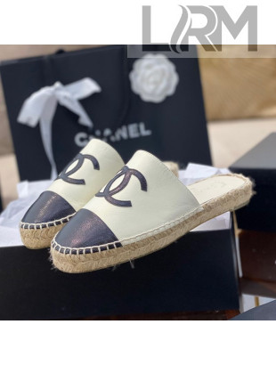 Chanel CC Shiny Lambskin Espadrille Slide Sandals White 2021 46