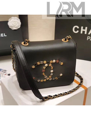 Chanel Logo Charm CC Leather Flap Bag Black 2020