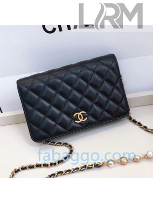 Chanel Quilted Lambskin Wallet on Chain WOC with Pearl Charms AS8862 Black 2020