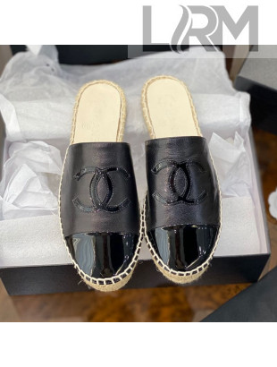 Chanel CC Shiny Lambskin Espadrille Slide Sandals Black 2021 48
