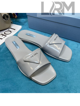 Prada Shiny Leather Triangle Logo Flat Slide Sandals Grey 2021