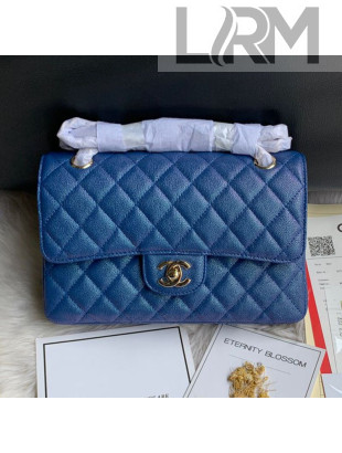 Chanel Small Classic Quilted Iridescent Grained Calfskin Flap Bag Blue 2019