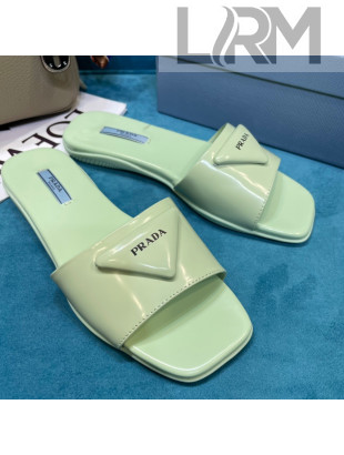 Prada Shiny Leather Triangle Logo Flat Slide Sandals Green 2021