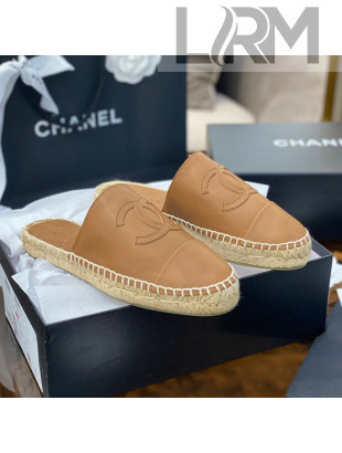 Chanel CC Shiny Lambskin Espadrille Slide Sandals Light Brown 2021 50